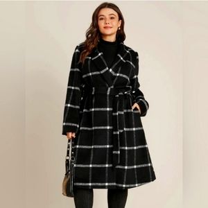 Plaid Lapel Collar Belted Pocket Coat